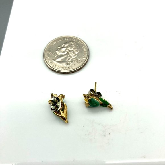Tiny Blue Enamel Tulip Earrings, Floral Studs, Vintage Fashion on Gold Tone - Picture 5 of 5